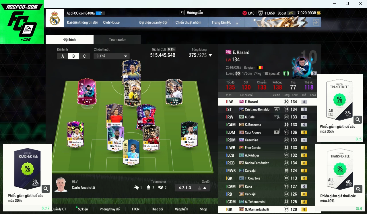 [ACC Rẻ🔥] Real Madrid 515.440b dư 7000b có Rudiger SPL, Alonso CC, Bale GRU+6, Kaká BDO+6, Hazard 25HR, CR7 25TY, Benzema BLD+6, Nacho DC, Casemiro CH, Carvajal RTN... Còn nhiều CP GIẢM THUẾ
